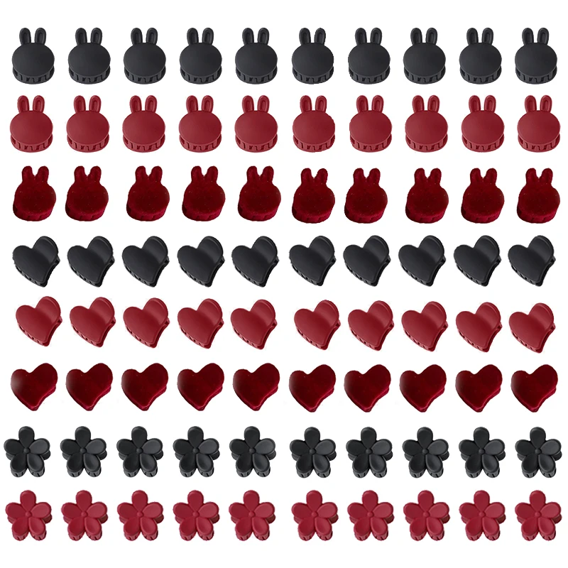 5-10Pcs Black Red Heart Flower Matte Small Hair Claws Mini Velvet Girls Clips Kids Hair Accessories Styling Hairpins Tool Women