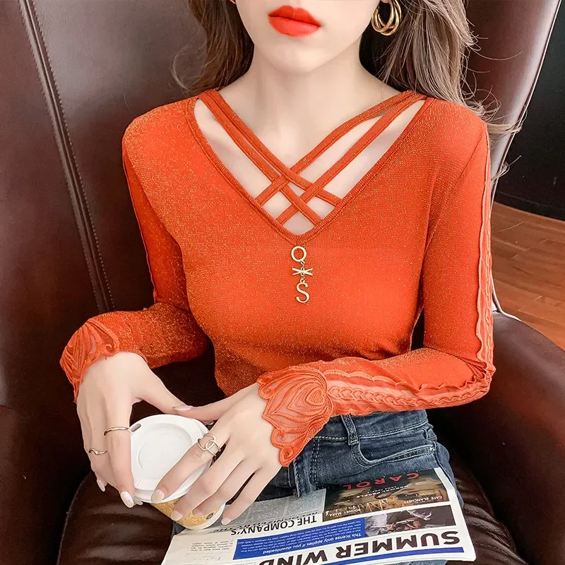 

Long-sleeved Mesh Bottoming Shirt for Women Spring Autumn Tees Thin Style New Style Style Inner V-neck T-shirt Top