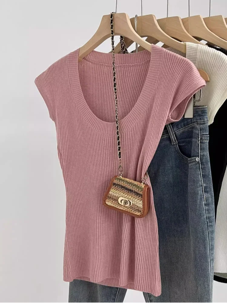 ฤดูร้อน Basic U-คอบาง 2025 เสื้อกันหนาวผู้หญิงหญิงถัก Ribbed เสื้อกันหนาว Slim แขนสั้นเสื้อกันหนาว