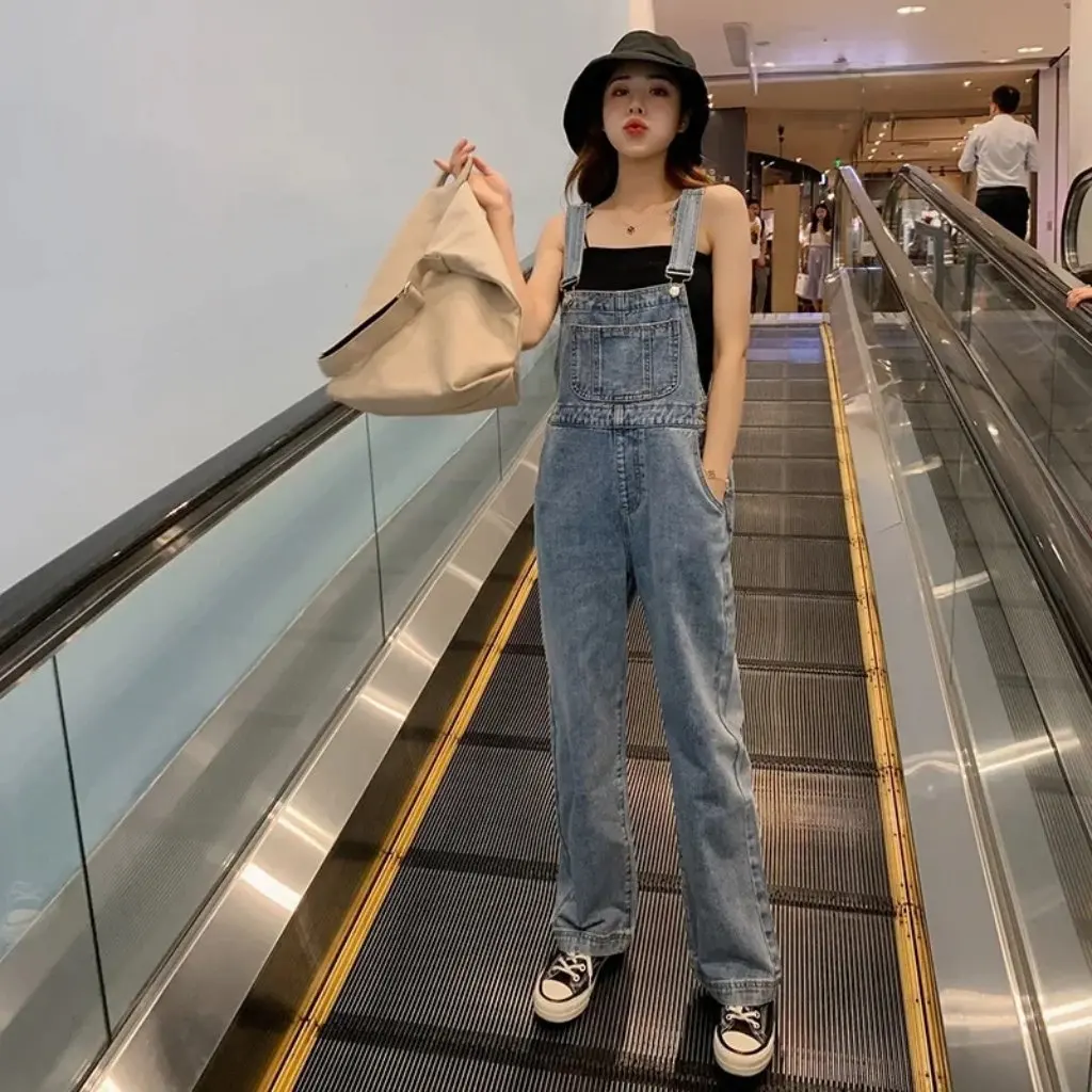 Pantalones vaqueros de cintura alta de estilo coreano con tirantes para mujer, Vaqueros rectos holgados de pierna ancha que adelgazan que combinan con todo