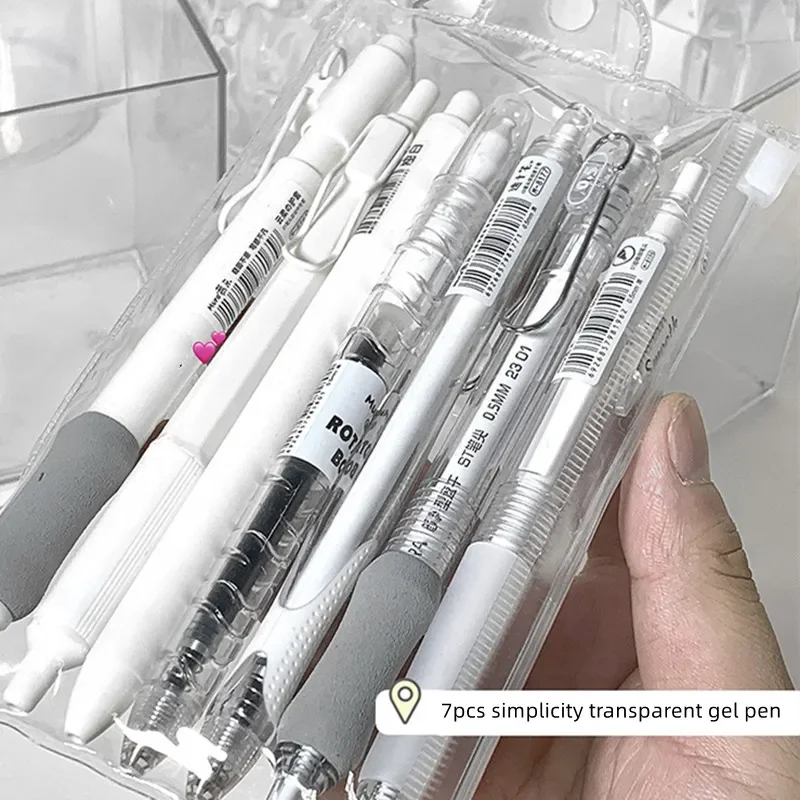 7pcs Korean Fashion Gel Pen Simplicity White Transparent Solid Color Stationery Gel Pen 0.5mm Black Ink Scrapbook Dry Quick Pen