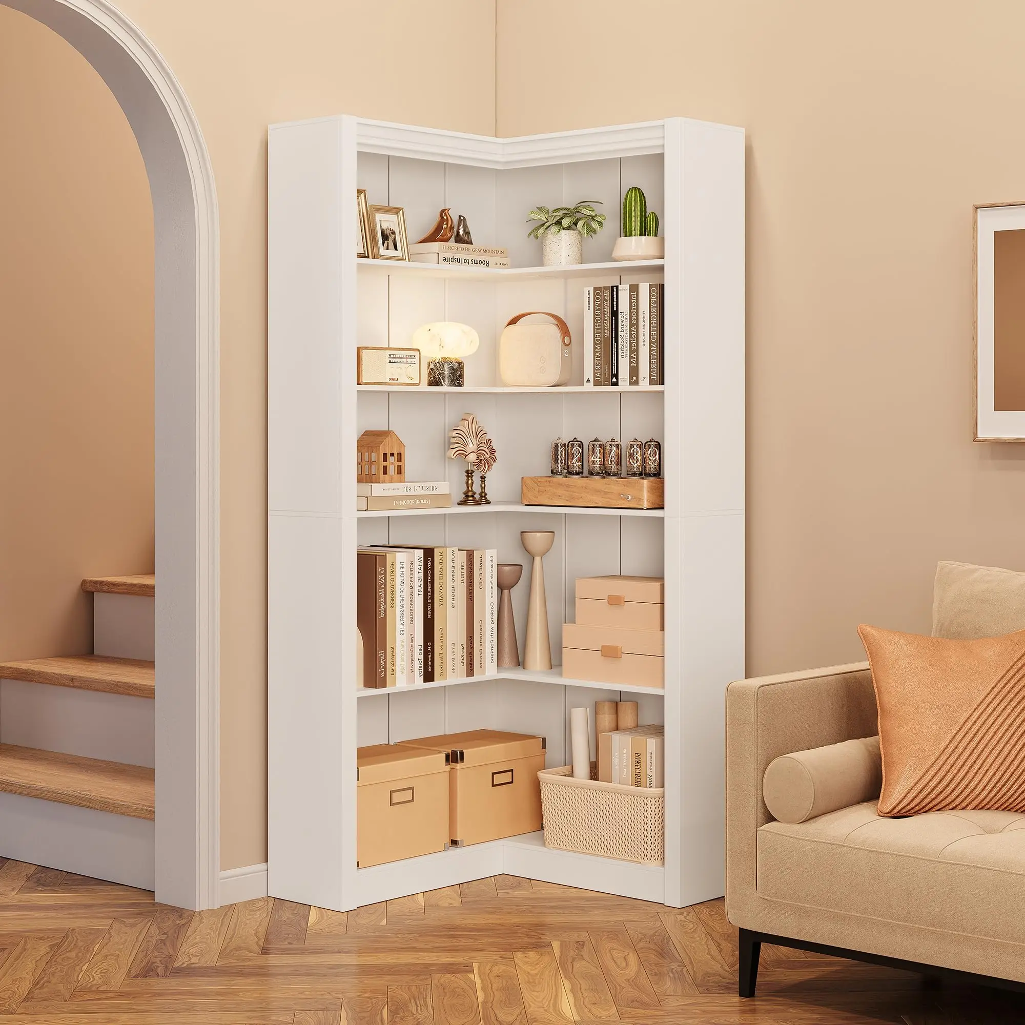L-förmiges Eckregal, 5-stufiges hohes großes Bücherregal 71,8" mit Kippschutz-Set, Eckregal für Wohnzimmer & Home Office
