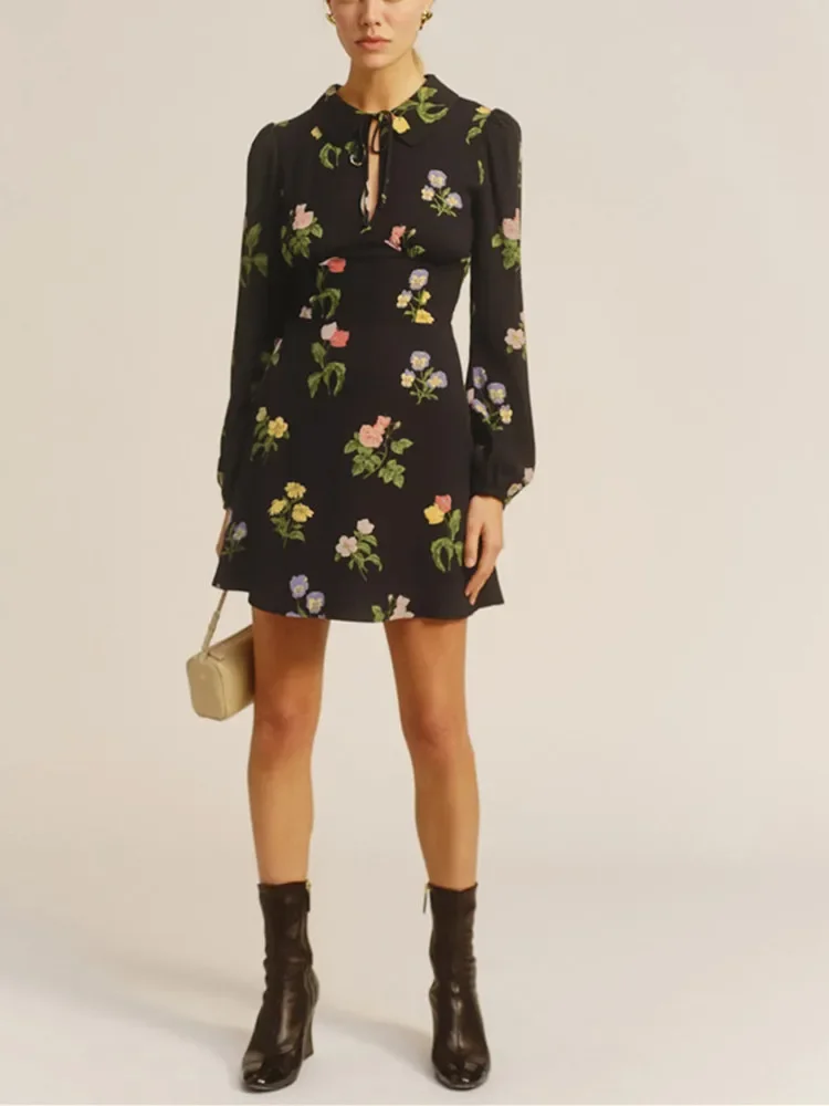

Female Lace-up Turn-down Collar Slim Dresses Women's Printed Long-Sleeved Mini Dress French Retro Spring Summer