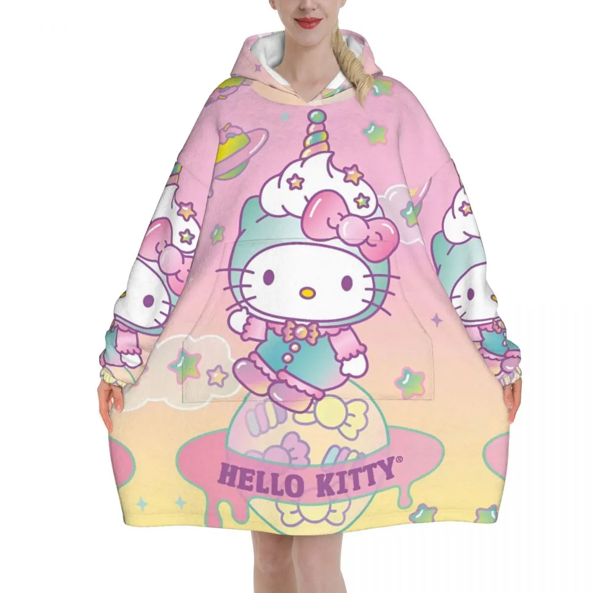 Hello Kitty Cartoon Blanket Hoodie Wearable Blanket Large with Pocket Warm Sleeping Bag Soft Cozy Onesie