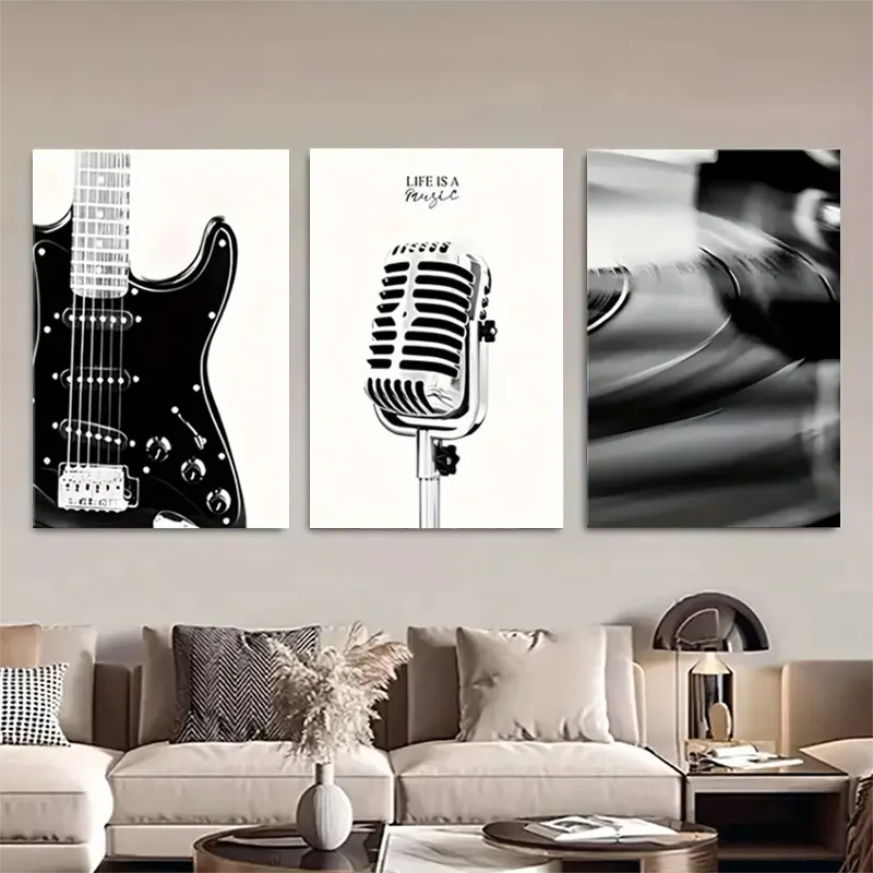 （No Frame 3PCS）-2D Flat, 2D Flat, A Set of Three Frameless Canvas Artworks Featuring a Guitar, a Microphone, And a Spinning R