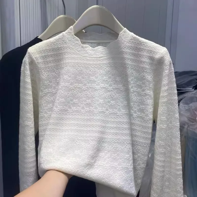 2026 Temperament Elegant Semi-turtleneck Lace Long-sleeved Bottoming Shirt Autumn and Winter with New Loose Knitted Sweater Top