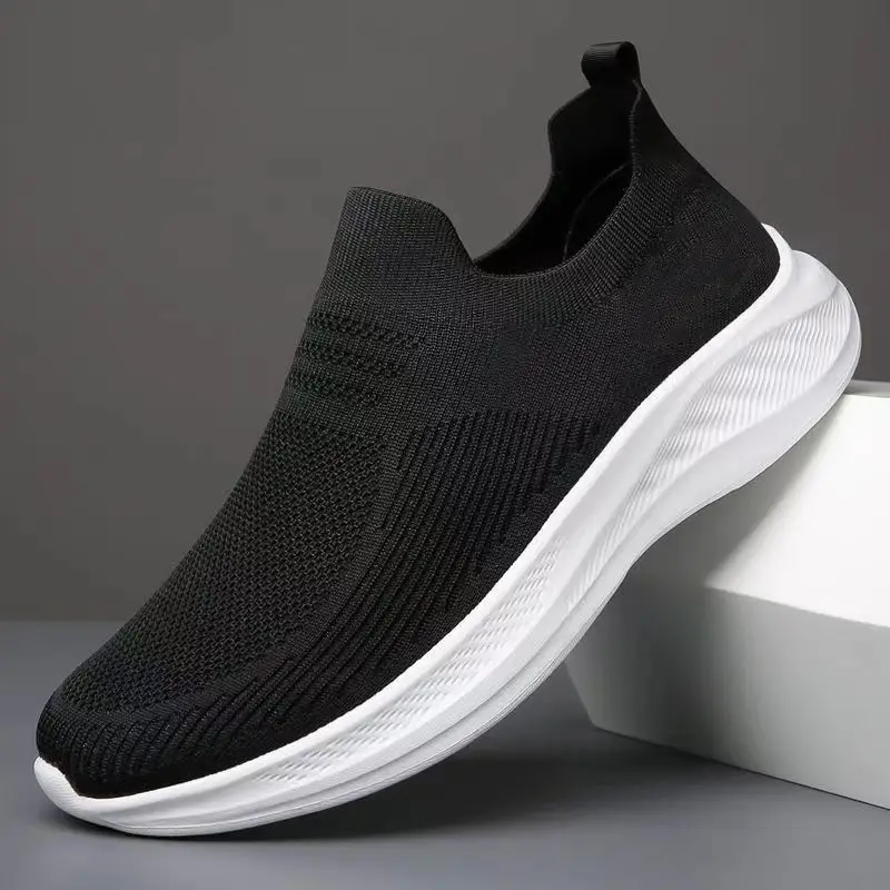 Men's Casual Running Shoes Soft Bottom Breathable Mesh Slip-On Flying Knit Shoes Comfortable round Toe EVA Padded Footbed