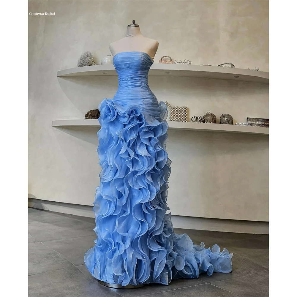

Contessa Dubai Customized Organza Blue Column Prom Dresses Tiered Ruffle Floor-length Evening Dresses Strapless Party Dresses