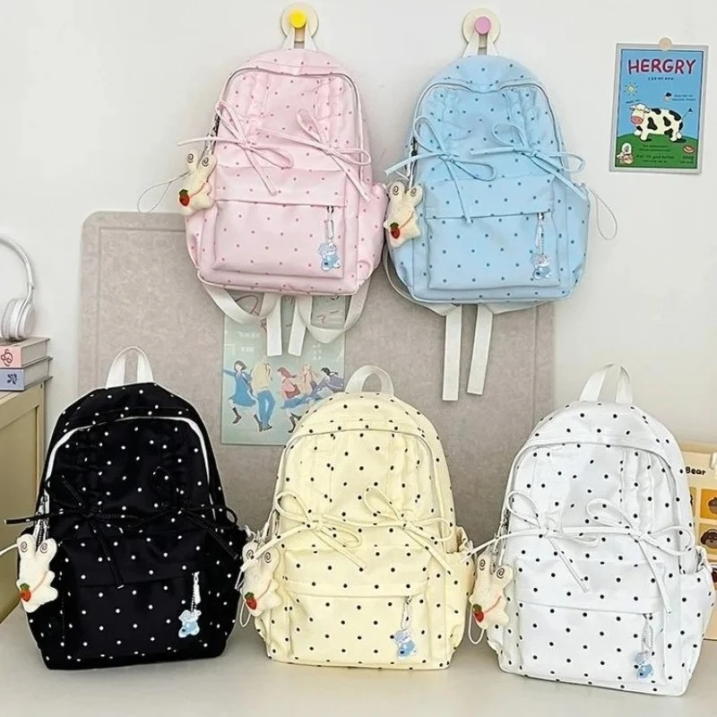 

Dot Print Ita School Bag Drawstring Lace-up Bow Mochila Sweet Student Backpack Cute Mochilas Preppy Style Bags for Woman
