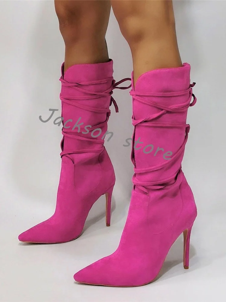 Women's Sexy Calf Boots Autumn Pointed Toe Strap Stiletto Heel Fashion Boots Suede Leather Comfortable Female Short Boots