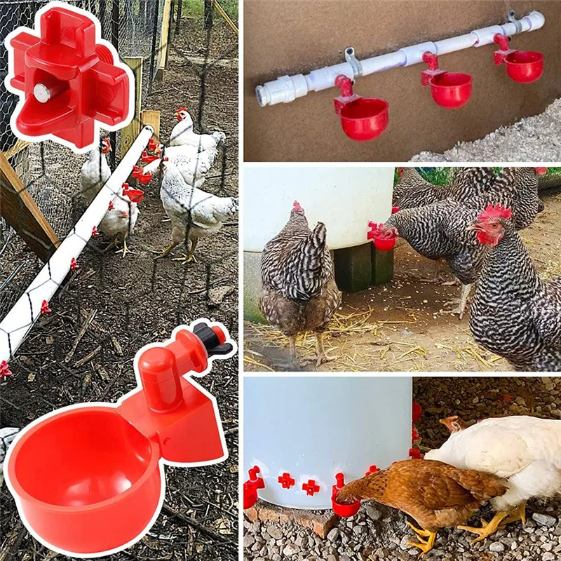 -AT52 12 Chicken Water Cups And 12 Chicken Waterer Nipples With Drill Bit Accessories Automatic Filling Poultry Drinking Bowl