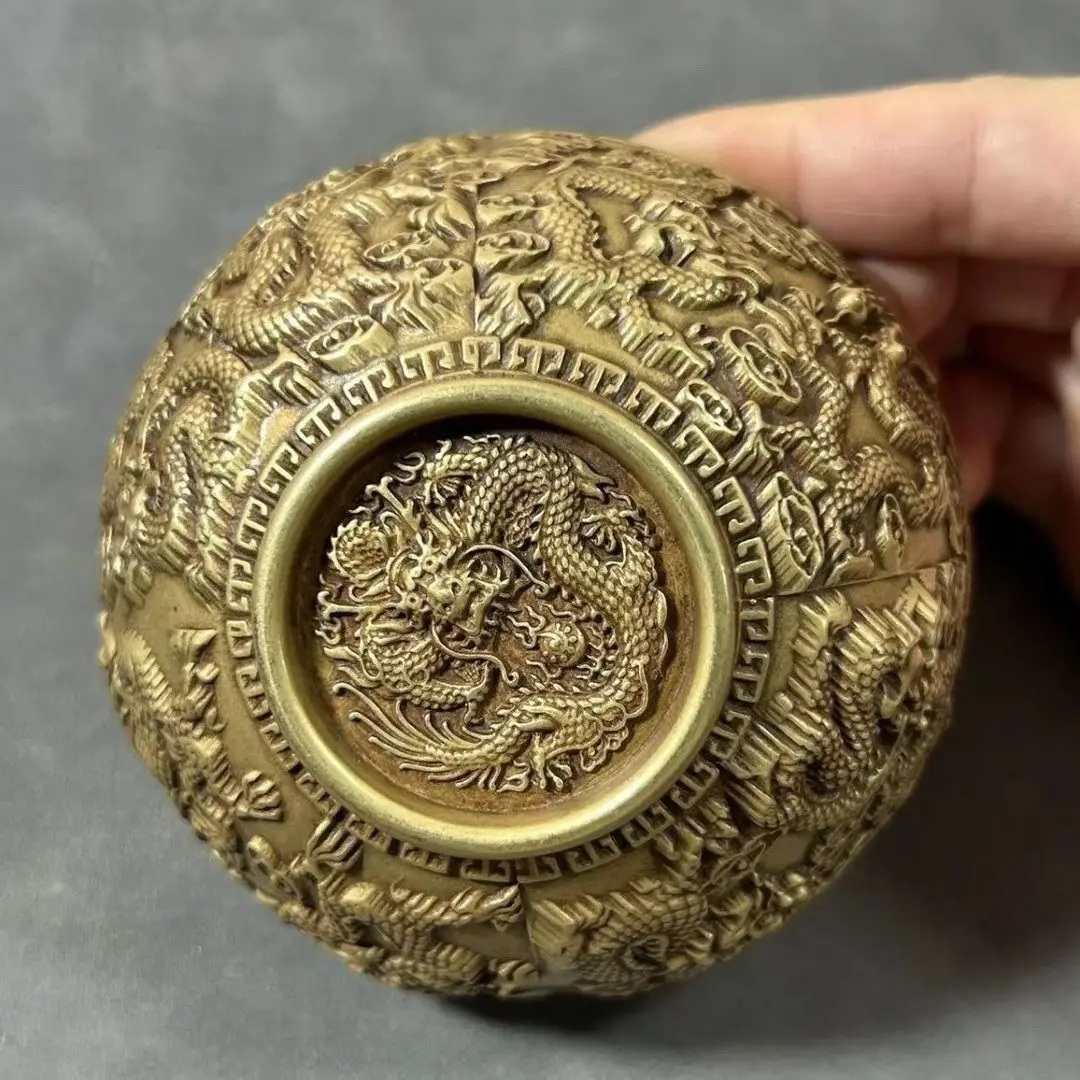 Antique Brass Nine Dragons Bowl Vintage Old Collection Copper Carving Bowl Chinese Feng Shui Wealth Decor Ornament