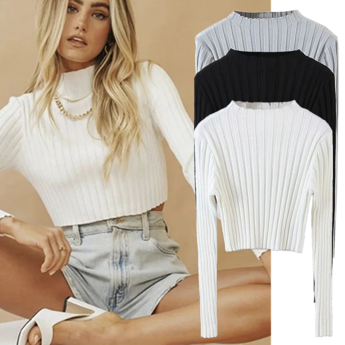 

Dave&Di Short Sweaters Women Pullovers Ins Fashion Blogger Solid Rib Knitted Sweaters Tops