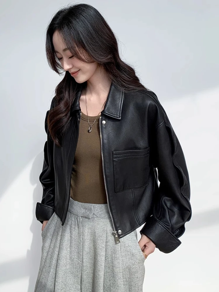 High-waist Short Genuine Leather Jackets for Women Spring Autumn 2025 New High-end Simple Casual Soft Black Real Sheepskin Coat