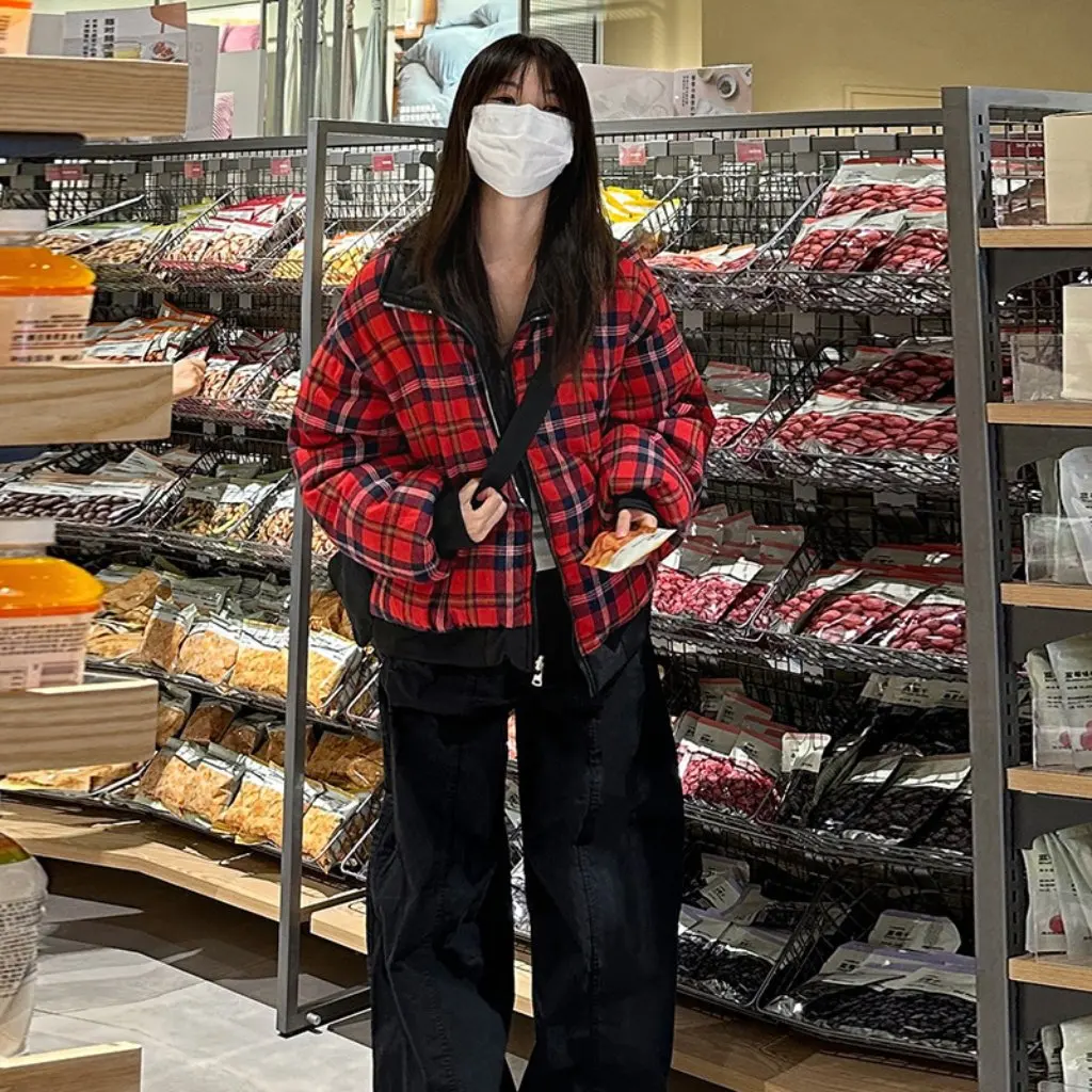 

Women's Double-sided Thickened Winter Coat Plaid Cotton-padded Casual Trendy Retro American-style Loose Fit