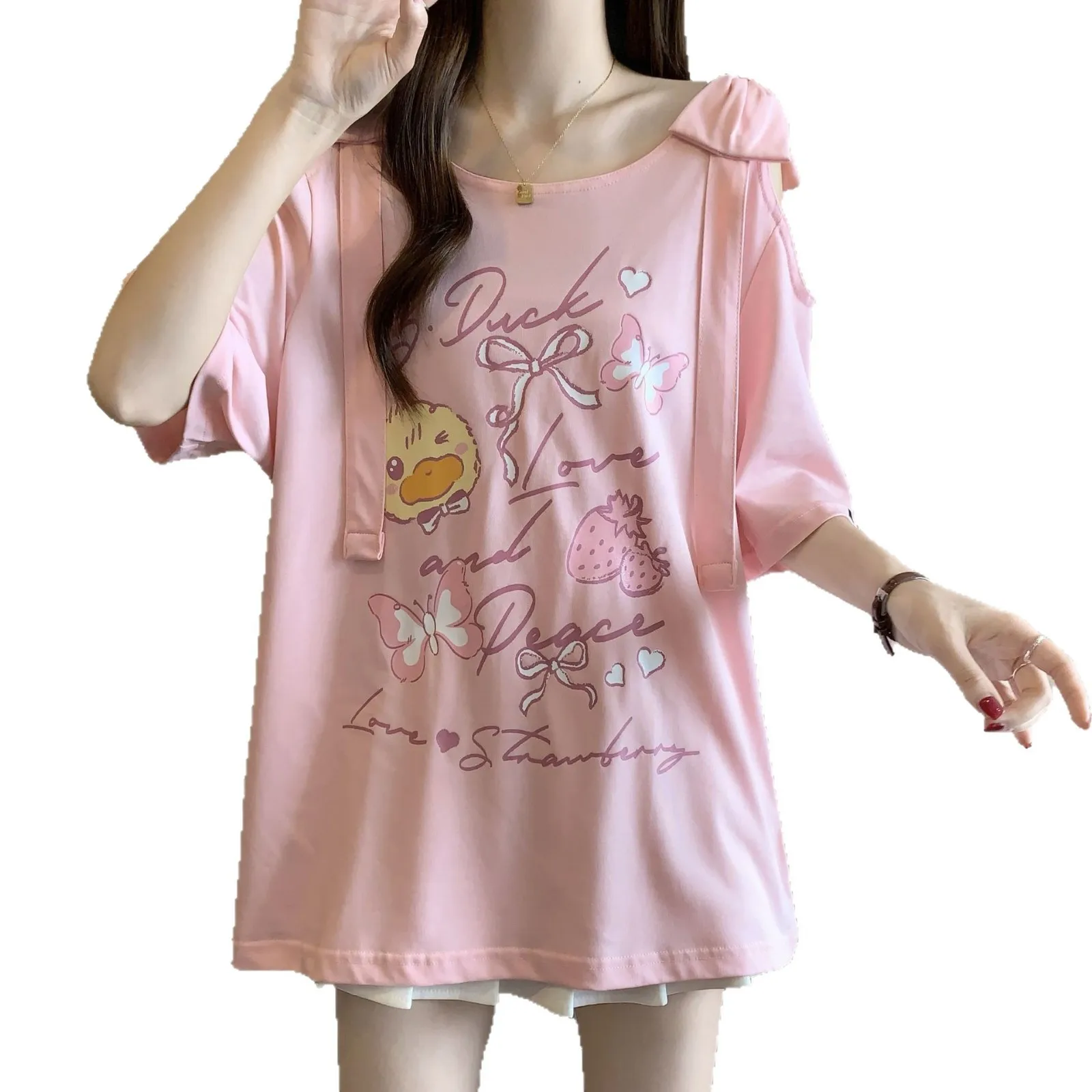 Summer Large-size Women's Clothing New Sweet Wind Loose and Thin Printed Bow Off-the-shoulder Short-sleeved T-shirt - view 5