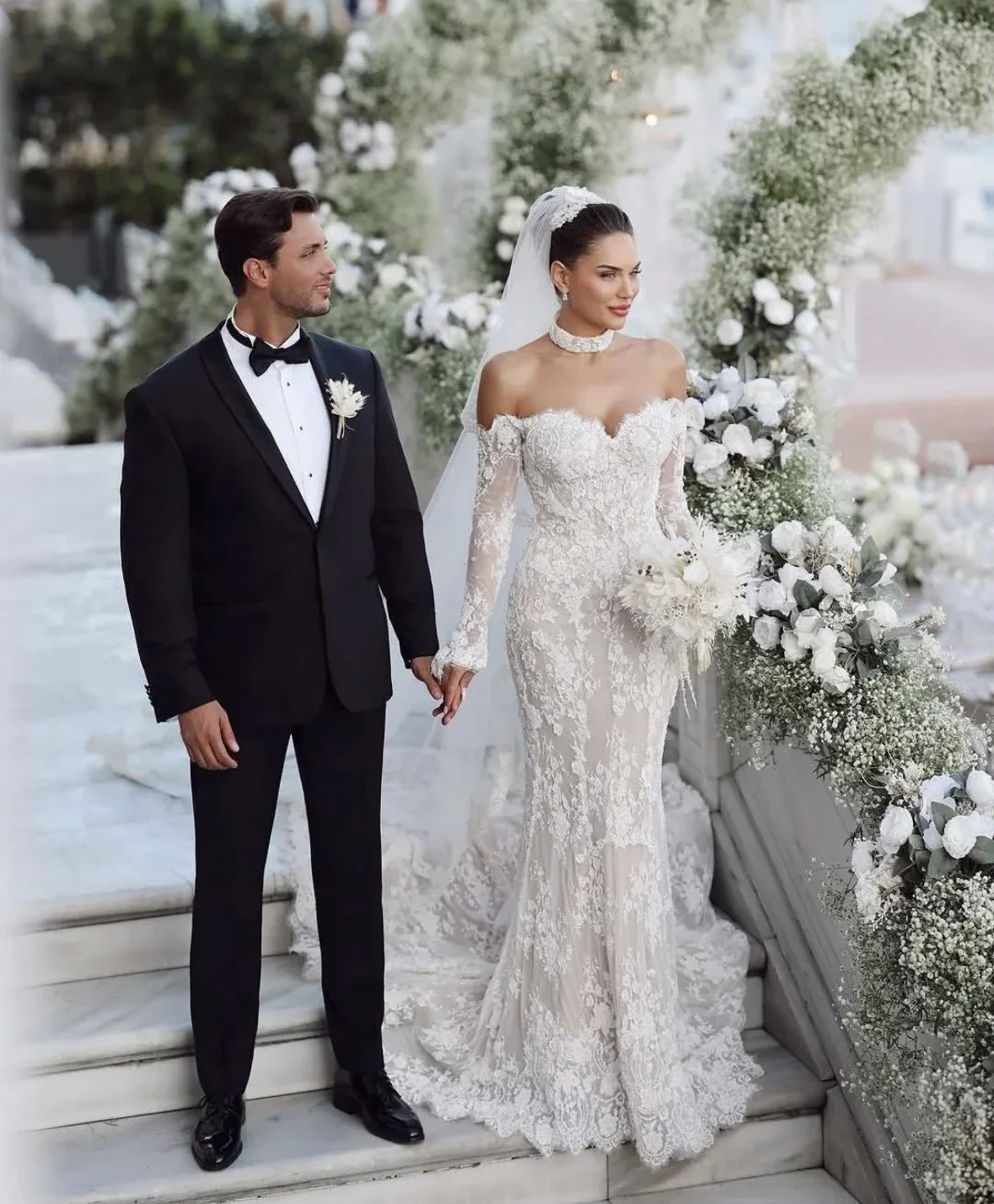 

Customize Graceful Ivory Lace Mermaid Wedding Dresses With Champagne Lining Off Shoulder Long Sleeves Bridal Gown