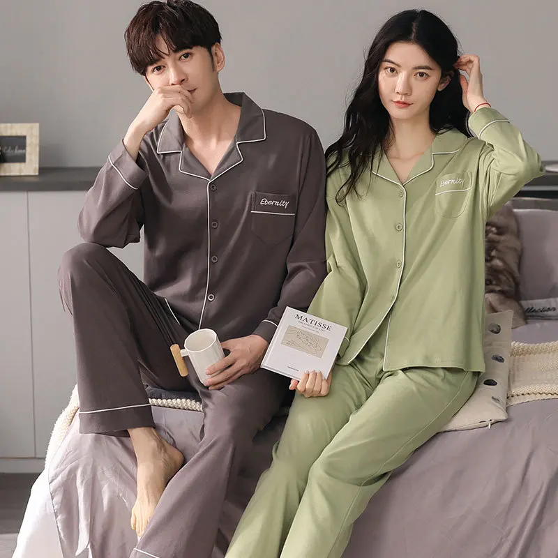 

Newest M-3XL Couple Pajamas Set Spring Knited Cotton Men Long-Sleeved Sleepwear Women Nightgown Home Suit Lovers Pyjamas