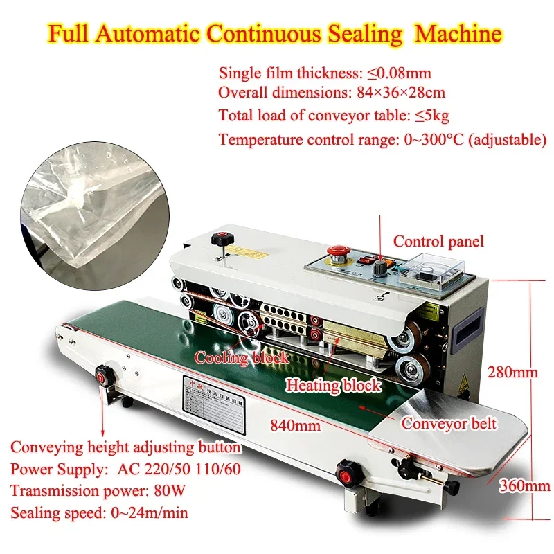 Automatic Continuous Sealing Machine, Food Sealer, Plastic Bag Packing, Wrapping Machine, Printable Date, Heat Sealing Machine,