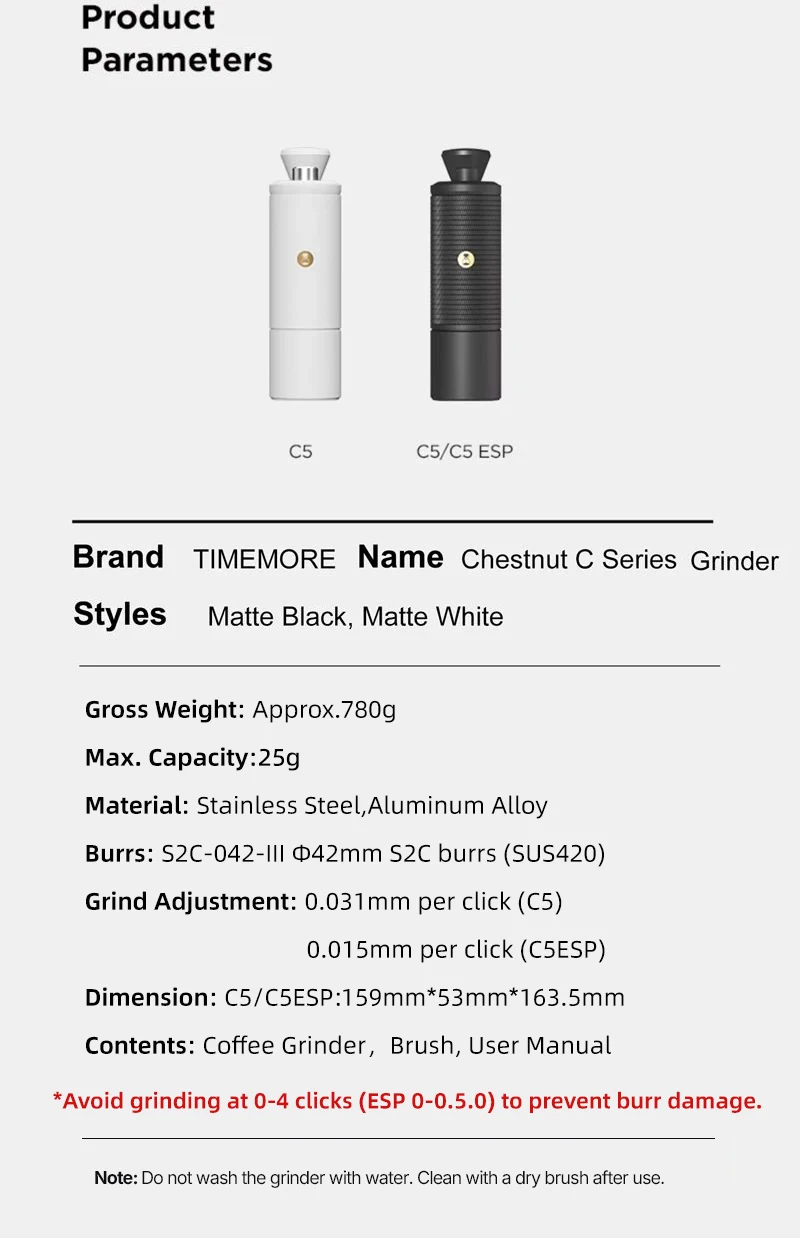 TIMEMORE Chestnut C5/C5ESP Manual Coffee Grinder Portable Espresso Grinder, 42mm S2C Burrs, 25g Capacity, Fine Adjustment