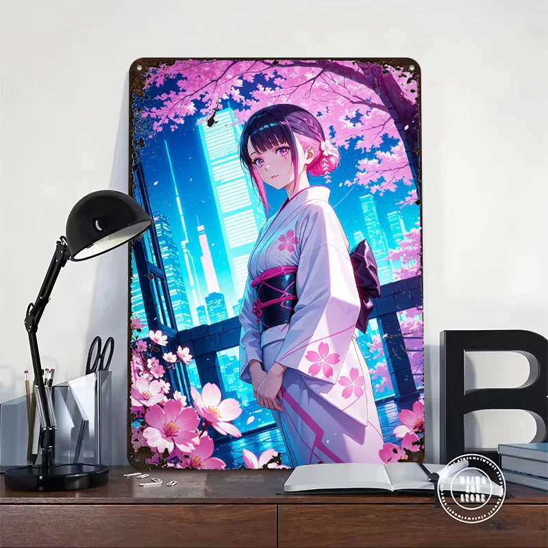 Anime Girl in Kimono With Cherry Poster Customized Vintage Metal Signs Wall Art Retro Tin Plaque for Home and Decoration Gaming