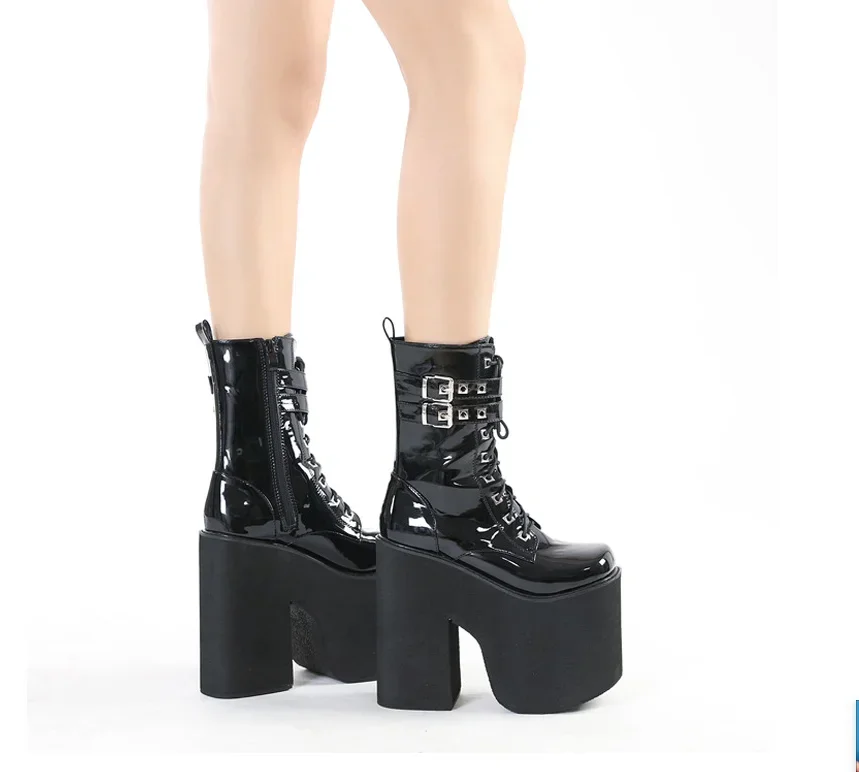 Gothic Punk damskie buty na platformie czarna klamra pasek na zamek pnącze koturny buty do połowy łydki męskie trampki buty zimowe De Mujer