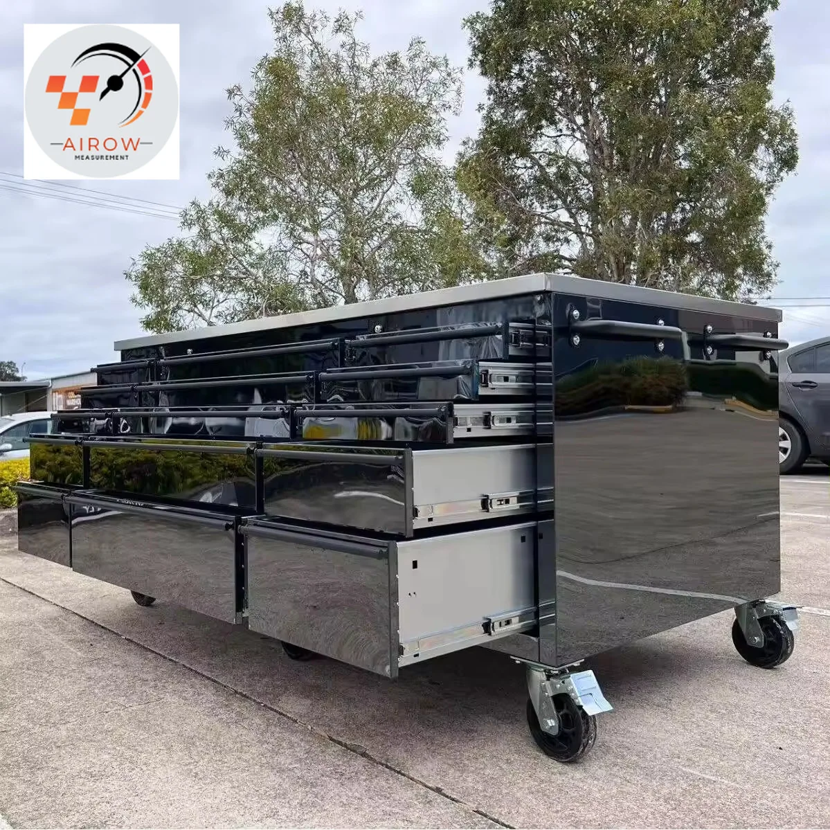 AIROW 72-Inch heavy-duty tool cabinet with drawers, black stainless steel, suitable for garage and workshop use
