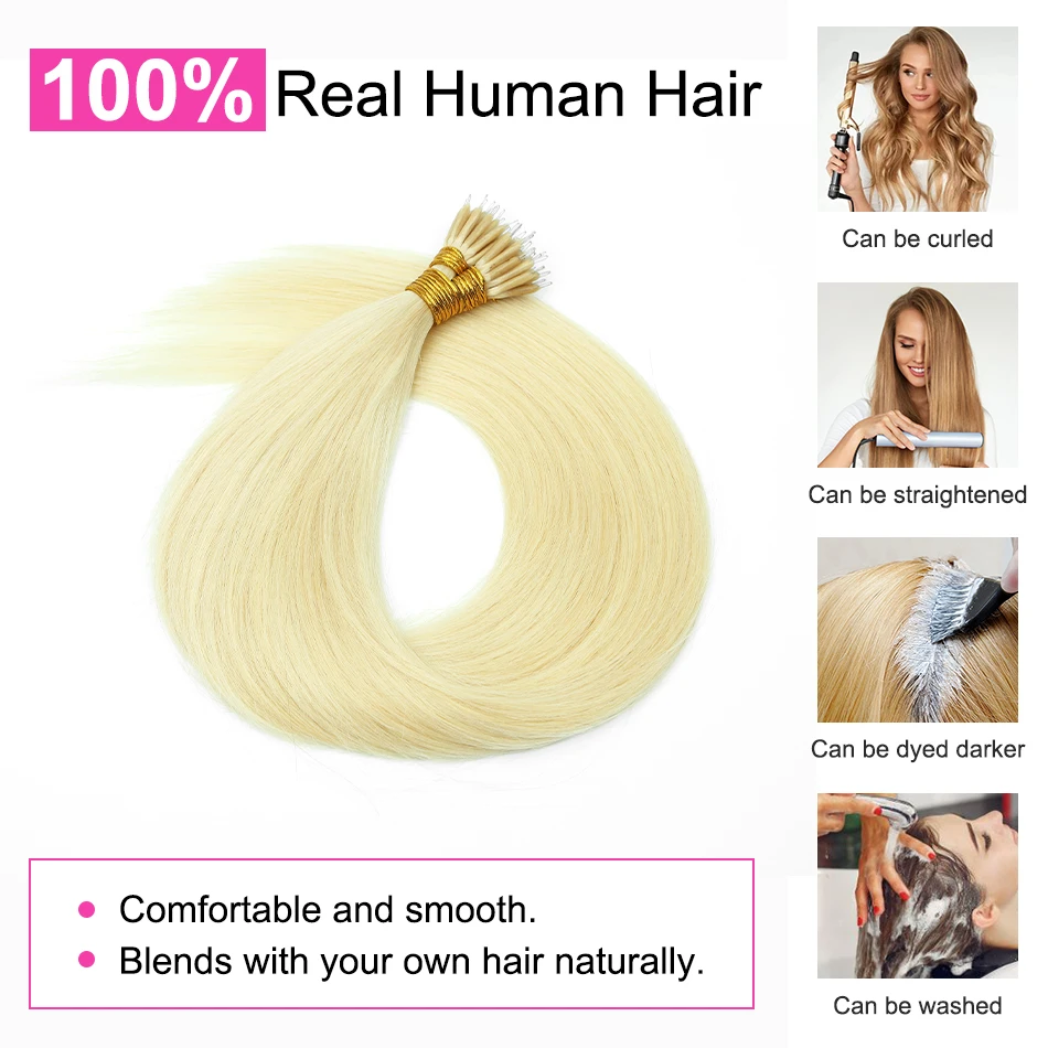 Nano Ring Human Hair Extensions 50 Strands 16"-22" 100% Human Hair 613# Micro Beads Ring Hair Extensions Brazilian Remy Hair