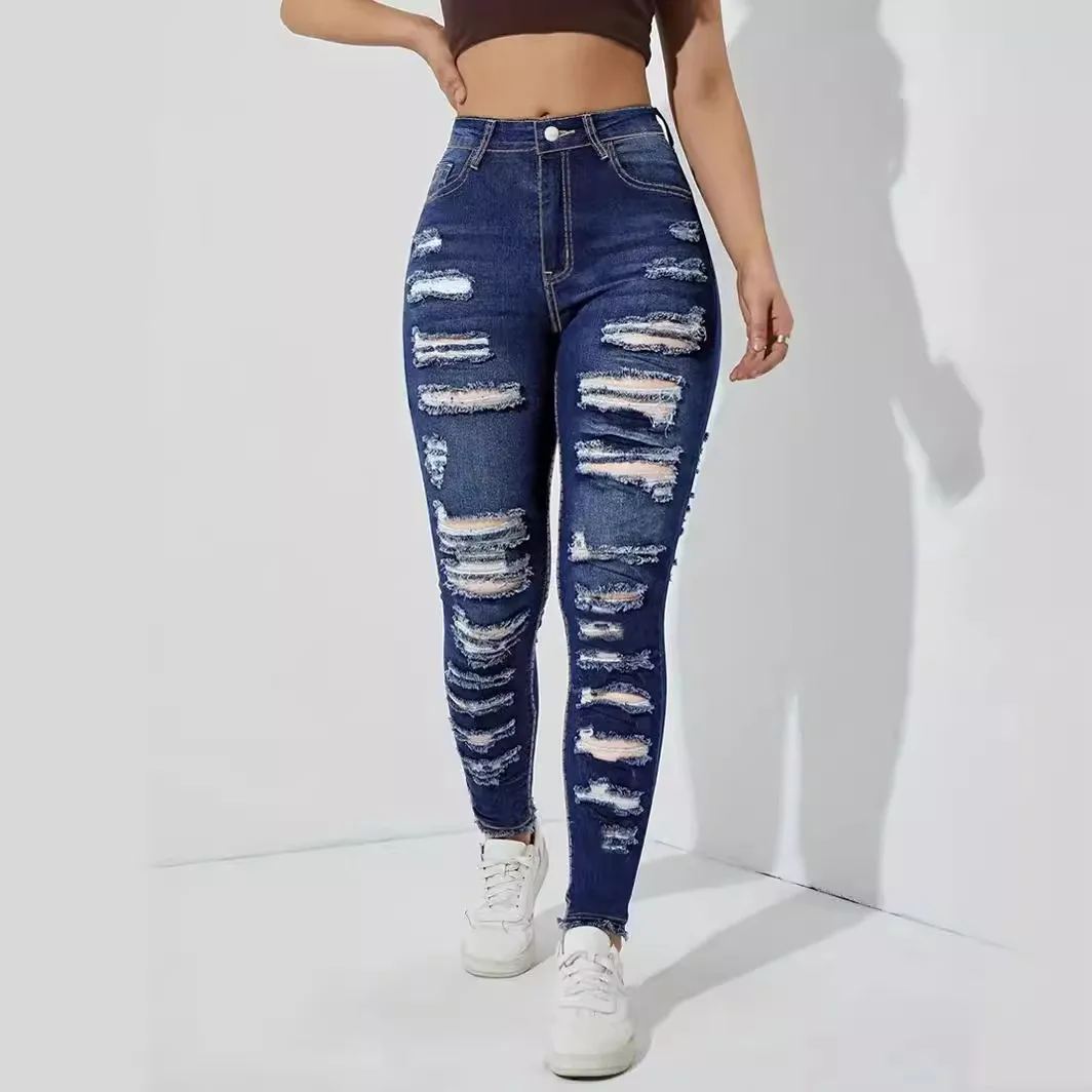 Large Size Denim Rough Edge Ripped Pants Fat MM Elastic Pencil Pants High Waisted Jeans Ripped Jeans for Women