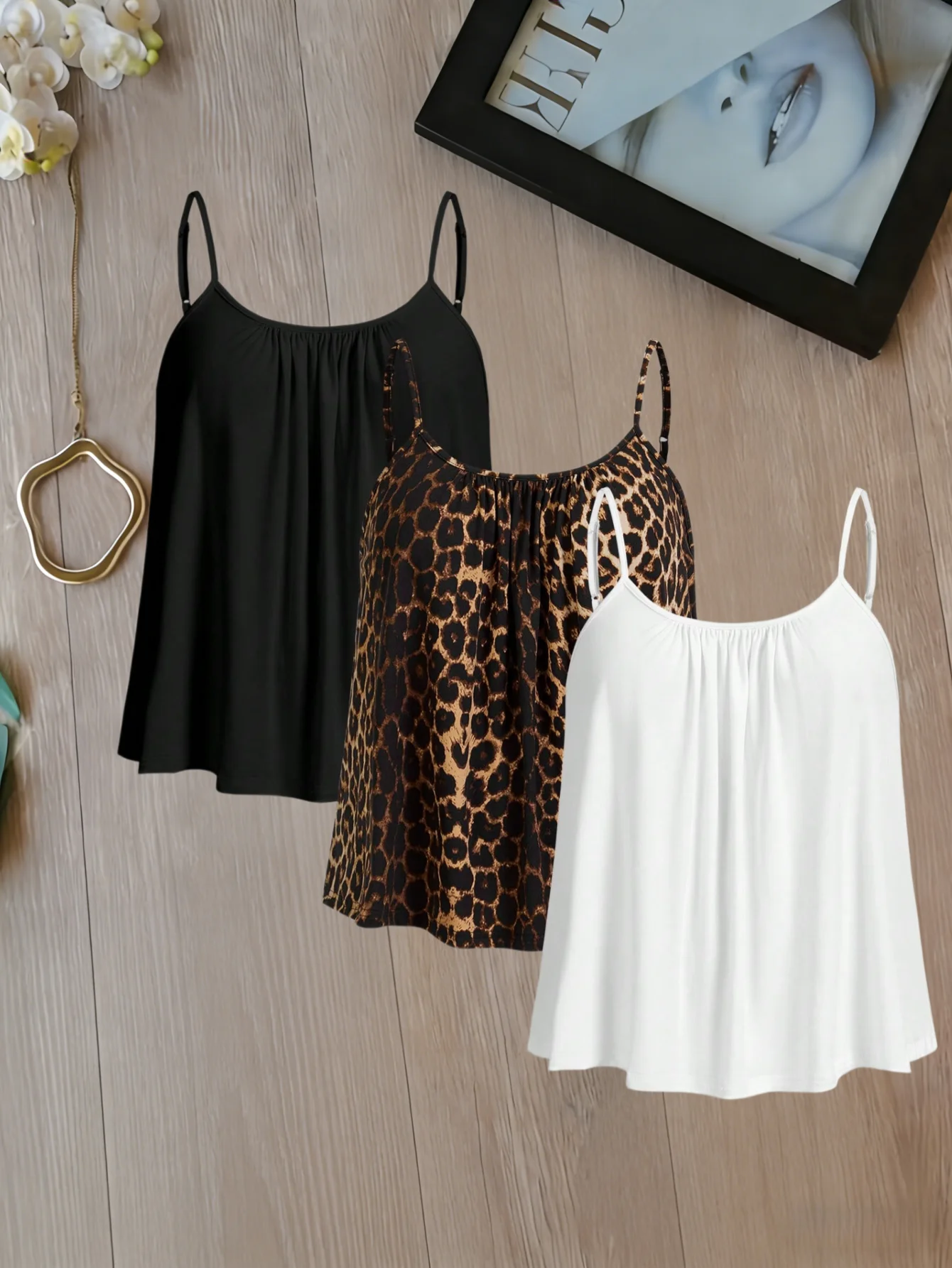 

Plus Size Women's 3 Piece Spaghetti Strap Flowy Tank Top Set Loose Fit Camisoles