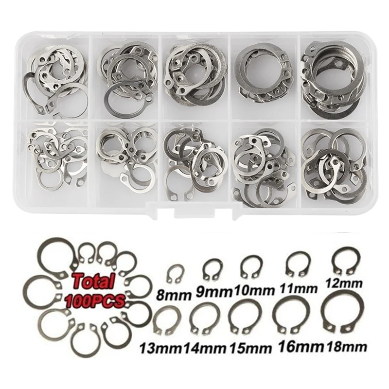 

100pcs C type Washer External Circlip Gasket Retaining Rings for Shaft Stainless Steel Circlip Snap Rings 8-18mm Assortment Kit