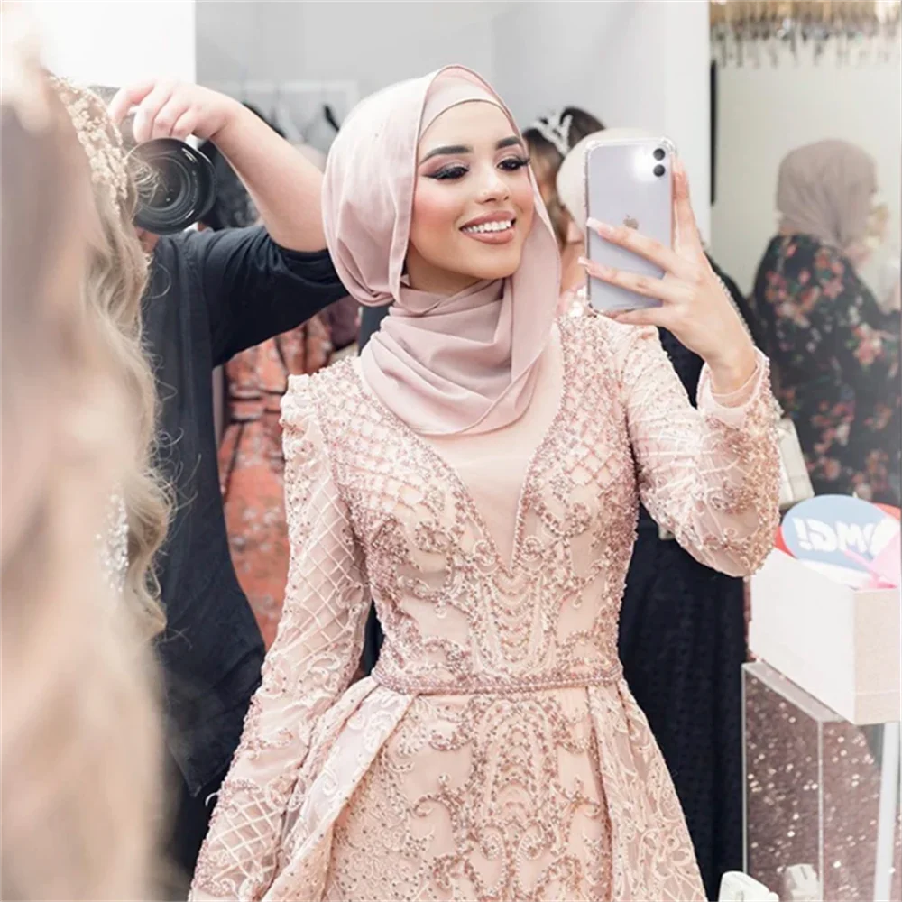 luxury evening dresses 2023 Pink Overskirt Arabic Muslim Dubai Dress for Women Wedding Party Plus Size Blue Formal Gowns