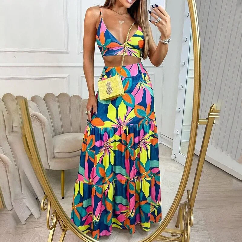 New Summer Women Two Piece Sets Sleeveless Printed Skirt Two-Piece Sexy Tops Elegant Long Dress Ladies Beach Suit Skirt Sets