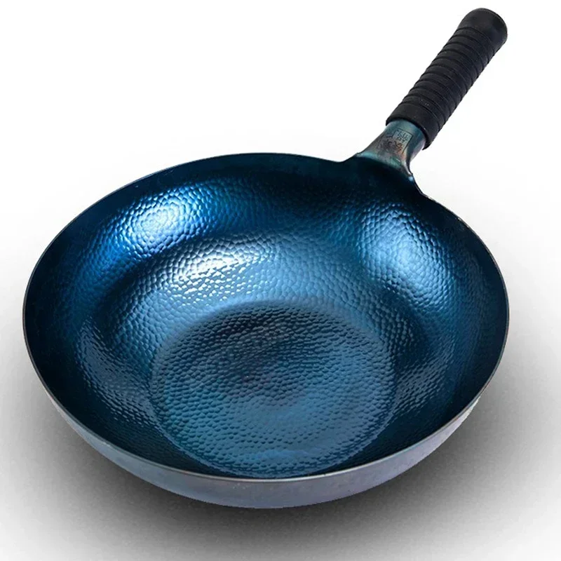 Iron Wok Pan,Chinese Traditional Hammered Iron Woks,2mm Thickness Blue Seasoned Pot,Uncoated Kitchen Cookware,Frying Pan