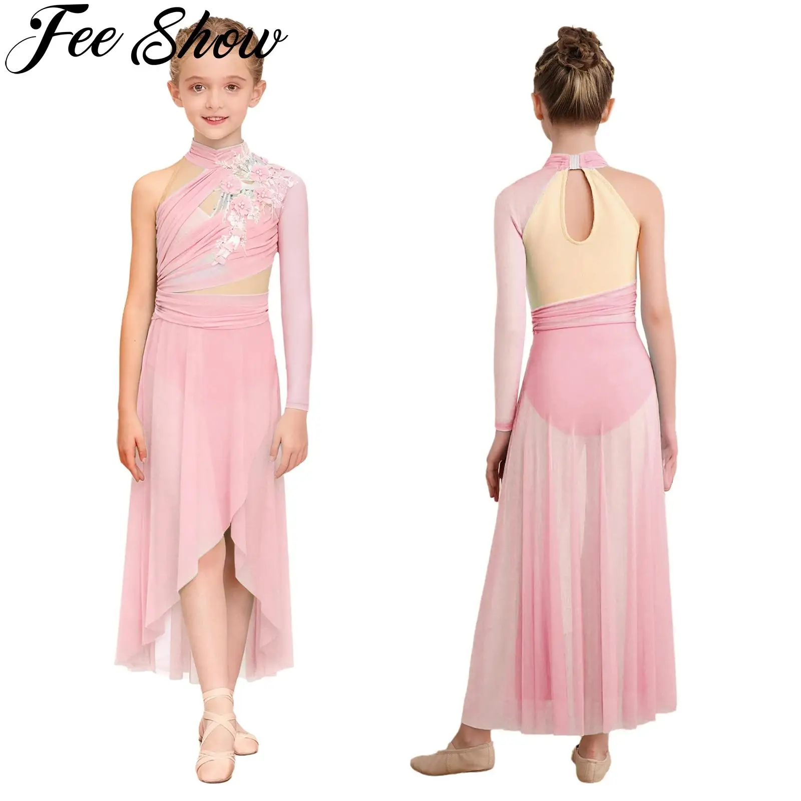 

Kids Girls Modern Lyrical Dance Dress One-shoulder Applique Mesh Split Ballet Dresses Figure Skating Artistic Gymnastics Leotard
