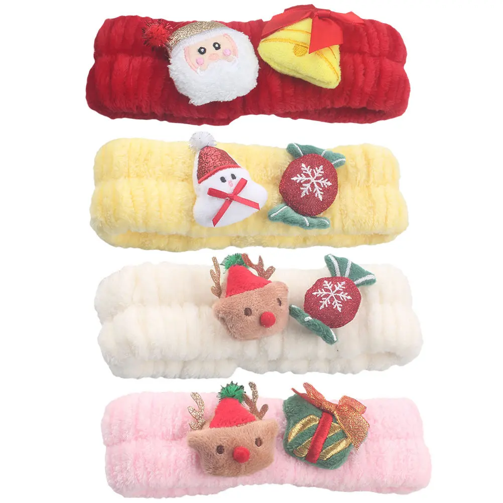 

4pcs Flannel For Washing Face Elastic Hair Band Women Makeup Spa Cartoon Headbands Christmas Christmas Face Wash Headbands Gift