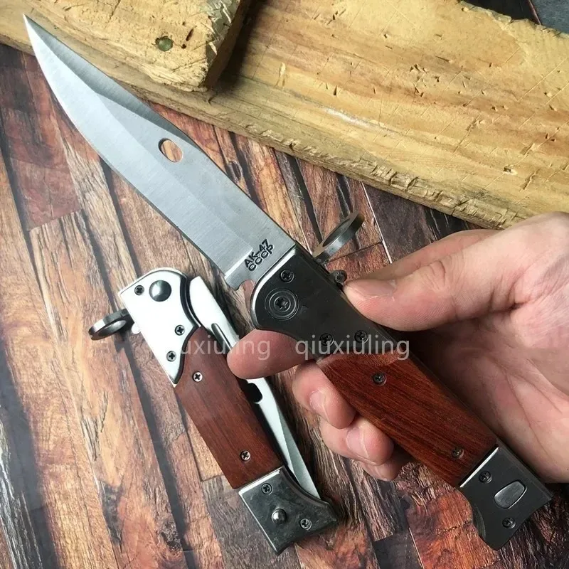 Tactical AK47 Flipper Folding Knife 440C Blade Wooden Handle Military Outdoor Hunting Camping Knives Pocket EDC Hand Tool