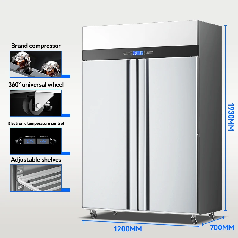 2 Door Commercial Kitchen Refrigerator Freezer 860L Stainless Steel Upright Top Mounted with Air Cooling Defrost Features