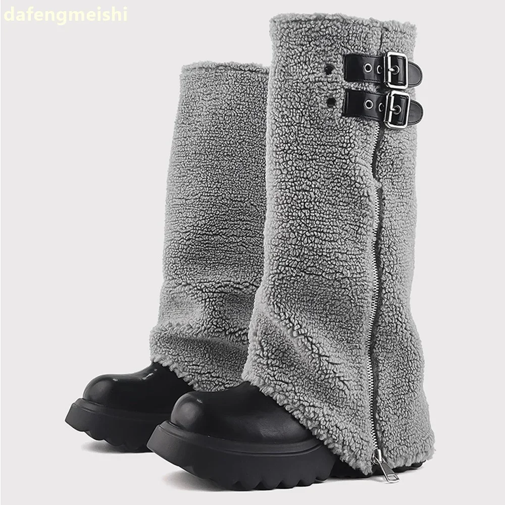 

2025 New Winter Snow Boots Gray Fur Zipper Sleeve Shark Boots Platform Heightening Women Mixed Color Fashion Knee-High Boots