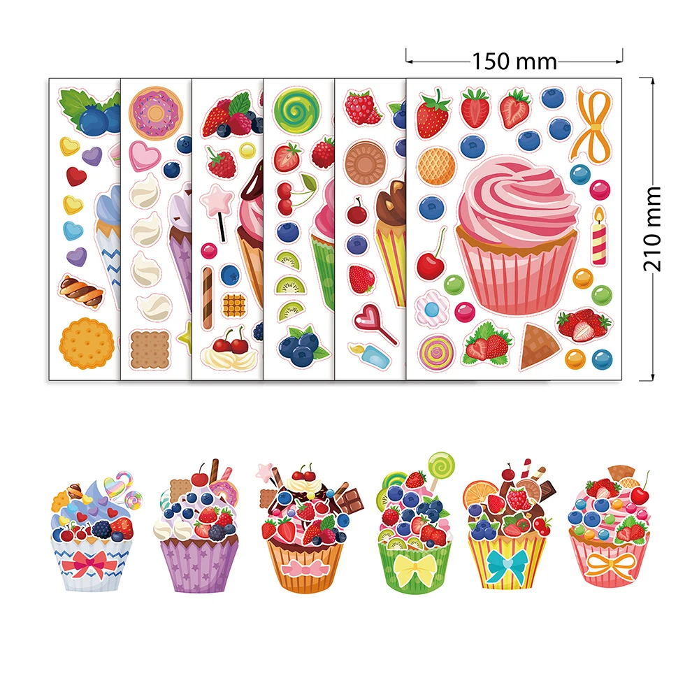 6/12Sheets Puzzle Stickers Create Your Own Cupcake Ice Cream Make a Face Kids Toys Assemble Jigsaw Children Birthday Party Gifts