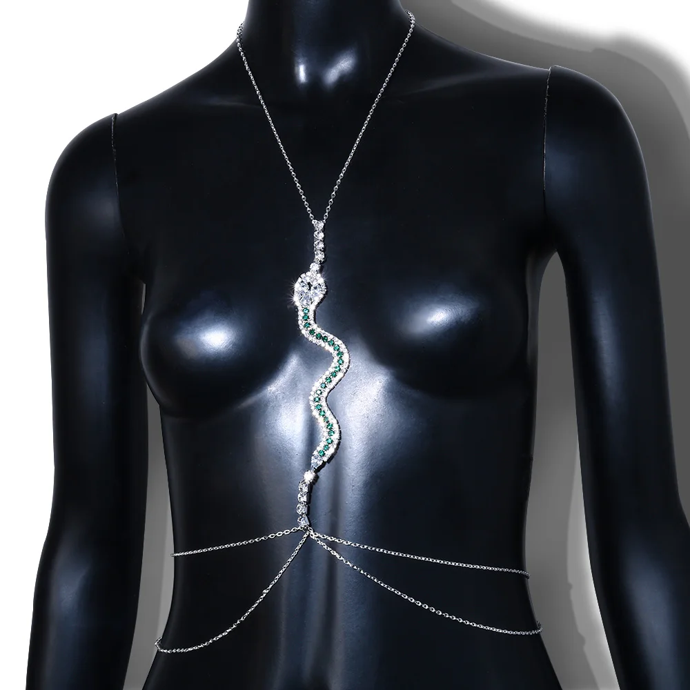 Sexy Charm Snake Green Crystal Belly Waist Chain With Neck Rhinestone Chest Body Jewelry Necklace For Women Festival Clothing