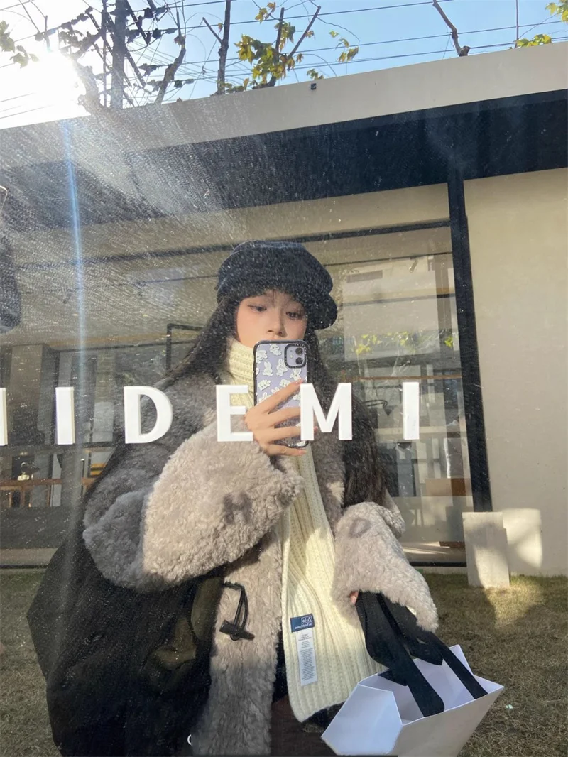 เสื้อโค้ทขนเฟอร์เทียมแบบใหม่ ความยาวปานกลางถึงยาว สำหรับฤดูหนาว คอตั้ง แต่งเขาสัตว์ ผ้าฝ้ายหนานุ่ม อุ่นสบาย ทรงหลวม