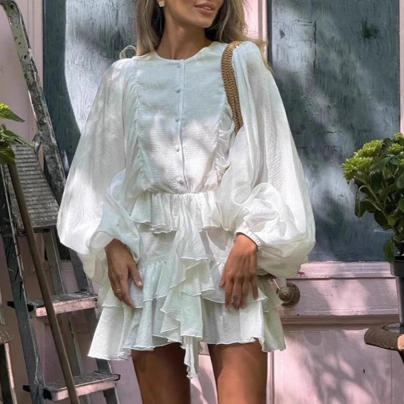 

Spring/Summer 2025 Women's Simple Leisure Style Solid Color Cascade Lotus Leaf Lantern Long Sleeve Dress