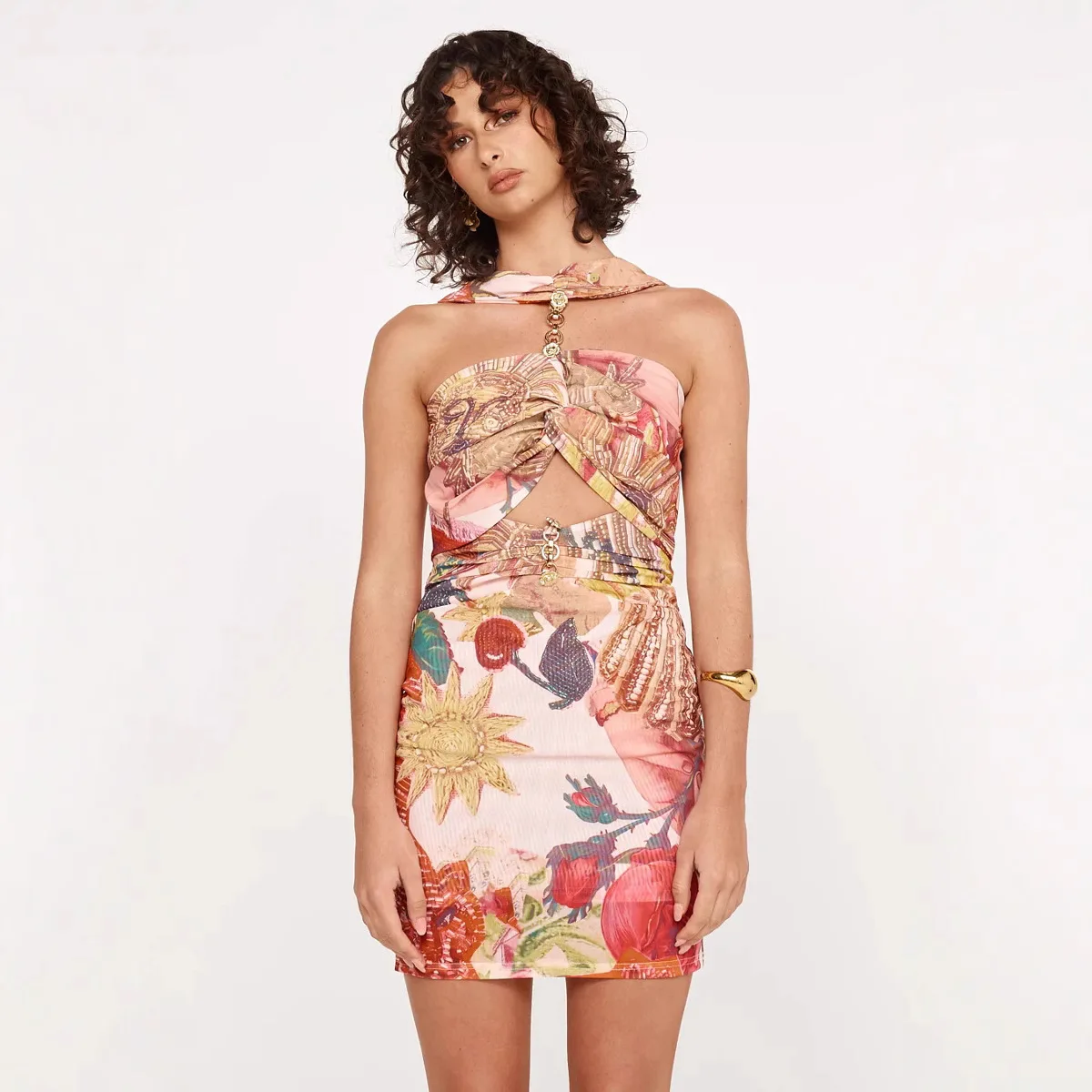 Mulheres primavera verão novo halter pescoço malha flor impresso vestido bodycon elástico fino estiramento casual férias mini vestido