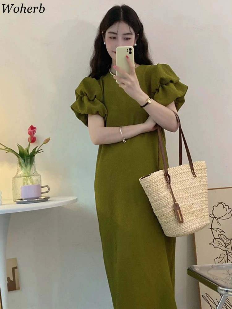 Y2k Large Size Woman Dress O Neck Puff Sleeve Temperament Robe Femme 2024 Vestidos De Mujer Solid Fashion Vintage Maxi Dresses