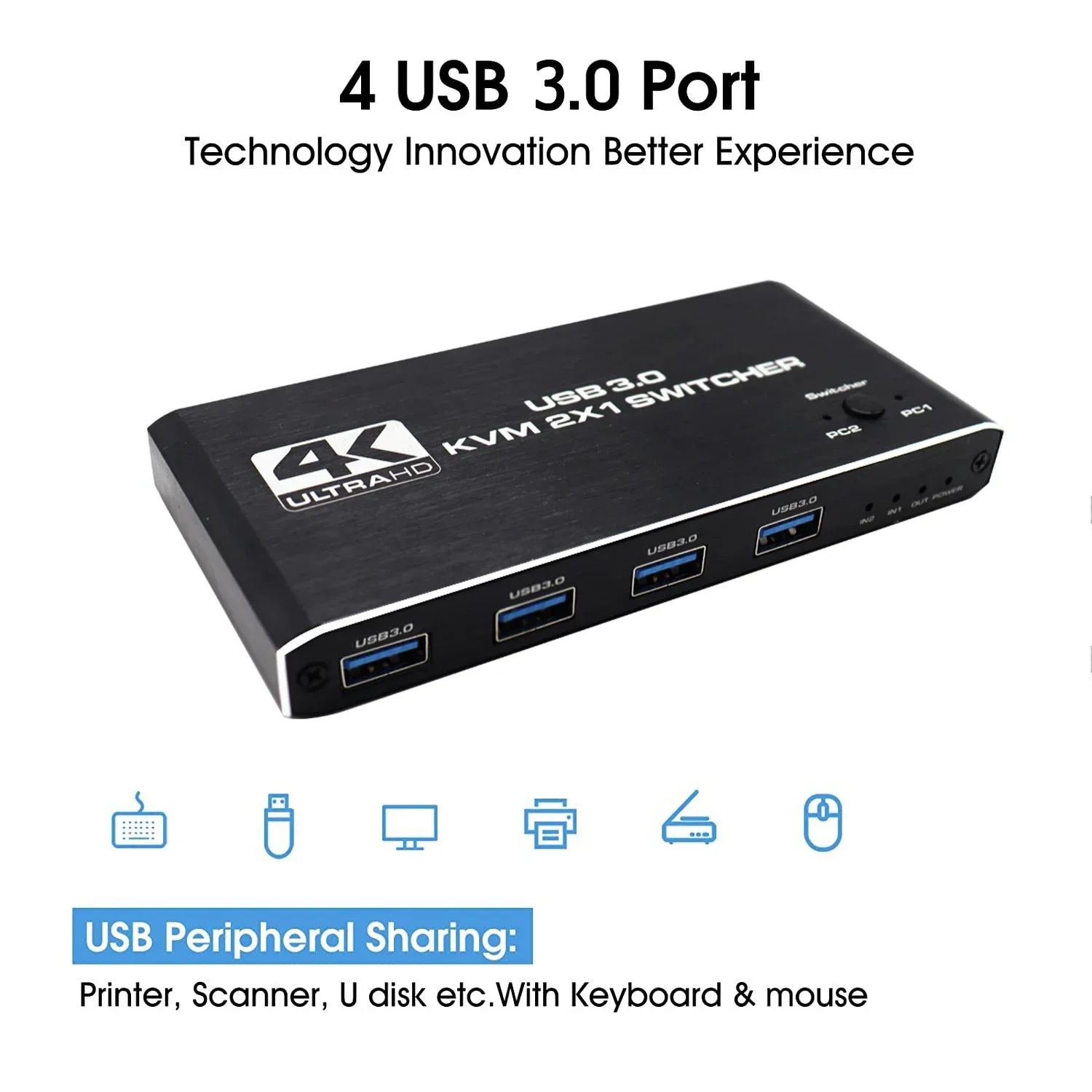 

KVM-переключатель USB 3.0 Переключатель HDMI-совместимый KVM-переключатель 2 в 1, выход 4K для совместного использования 2 ПК, клавиатура и мышь EDID / HDCP-принтер