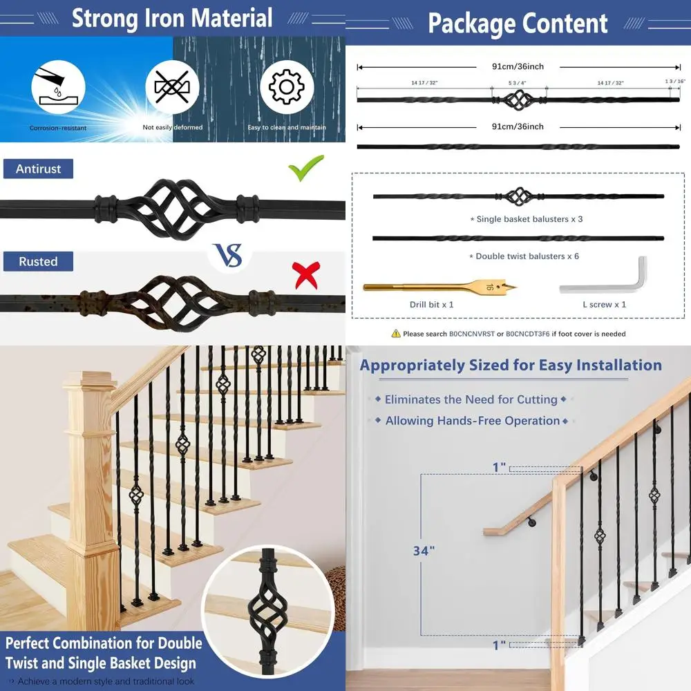 36 Hollow Single Basket Wrought Iron Balusters with Double Twist Knuckles for Interior Staircase