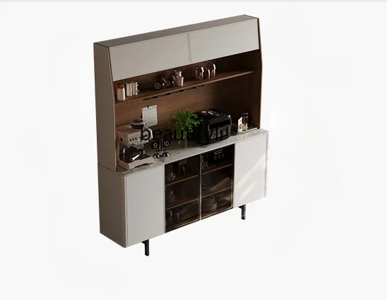 

integrated against the wall light luxury locker modern home saddle leather living room solid wood double-layer tea cabinet