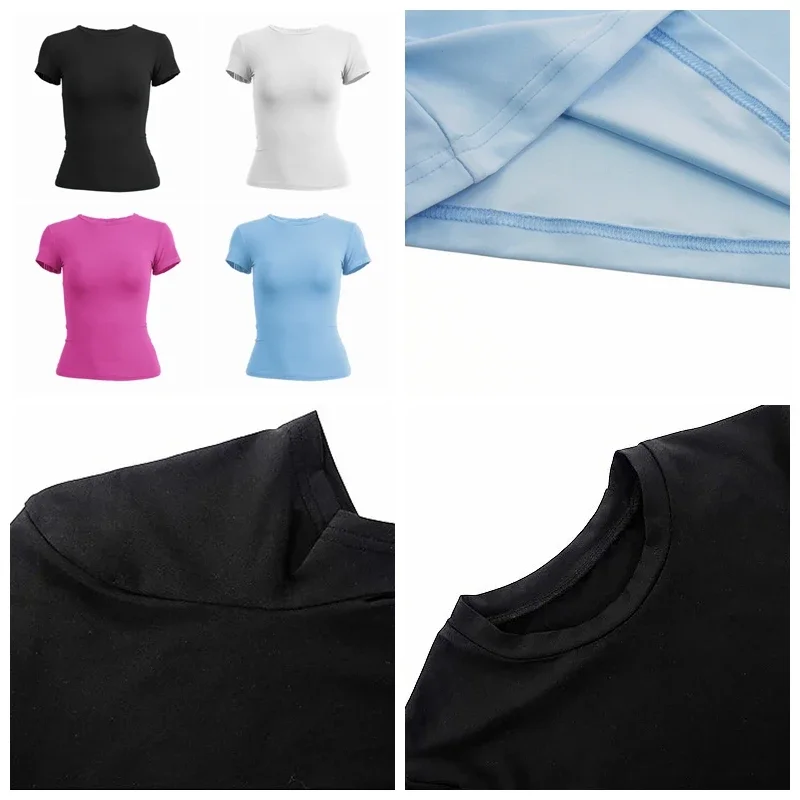 Ropa de mujer, camiseta de manga corta, Tops ajustados, camiseta de tubo de punto con cuello redondo para mujer, ropa de calle, ropa deportiva sexual 2024 Y2K New2410