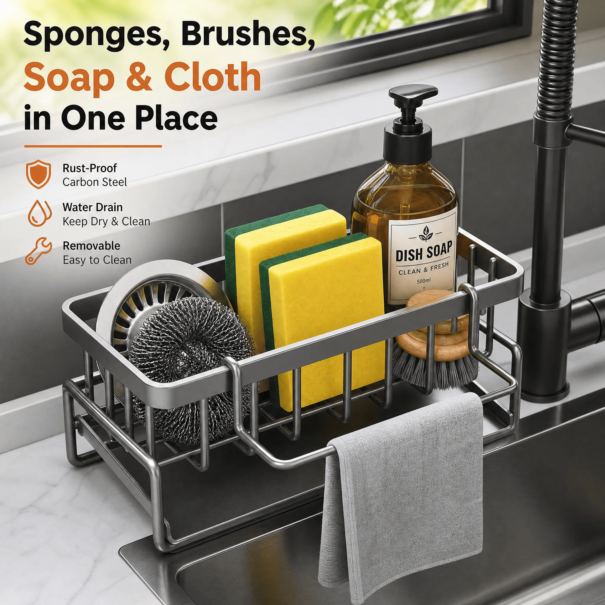 Kitchen Sink Organizer Carbon Steel with Tilted Water Tray Storage Rack for Sponge Brush 23×9×10cm